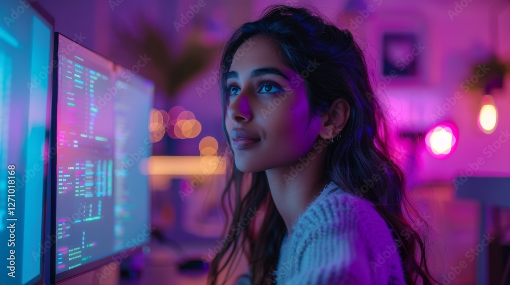 Poster a focused woman works on programming while sitting at a desk, surrounded by colorful lighting in a m