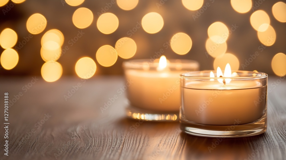 Poster calming scene of lit scented candles on a wooden surface with gentle bokeh lights : generative ai