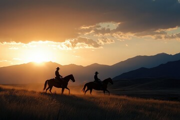 Two Cowboys in Action: Silhouette Horseback Riding at Sunset in Country