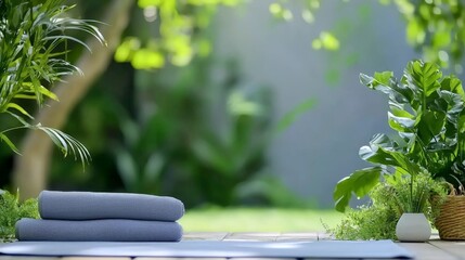 Calming Yoga Space Featuring a Soft Yoga Mat Complemented by a Towel and a Lush Basket of Vibrant Indoor Plants Creating a Tranquil Atmosphere