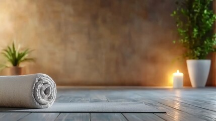 A Cozy Relaxation Scene Featuring a Soft Towel Draped on a Warm Rustic Wooden Floor Surrounded by Flickering Candles Creating a Tranquil Ambiance