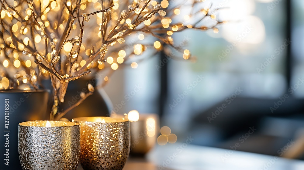 Poster beautifully arranged modern decor with strings of lights and elegant candle holders for cozy ambianc