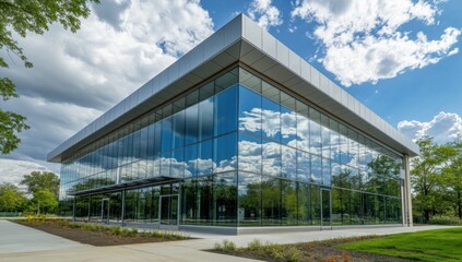 Fototapeta premium Modern glass office building exterior reflecting sky and trees.