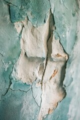 Fototapeta premium Close-up of cracked, peeling teal paint on a wall, revealing aged, white undercoat.