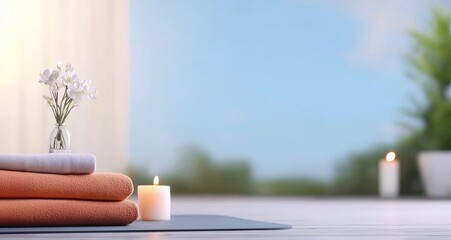 A Tranquil Moment of Relaxation Featuring a Soft Towel and a Flickering Candle Resting on a Peaceful Yoga Mat Evoking Calmness and Mindfulness