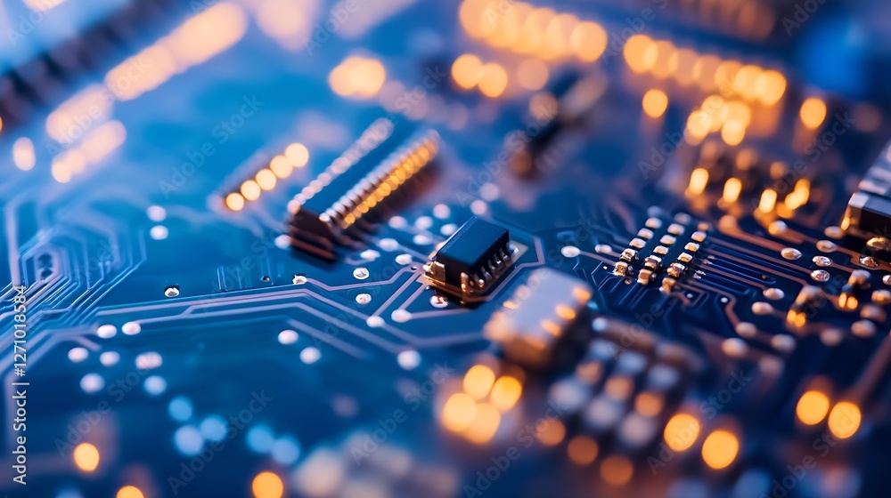 Poster Closeup view of a complex blue electronic circuit board with glowing components : Generative AI