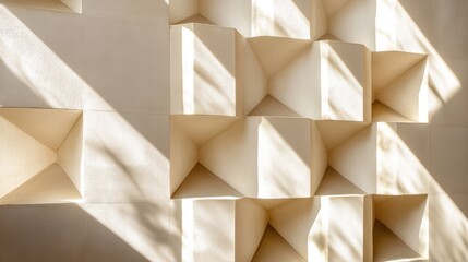 Abstract geometric wall texture with sunlight shadows, creating a 3D effect and beige tones.