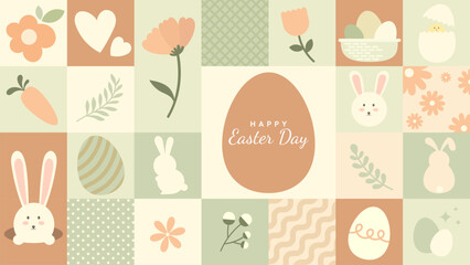 Happy Easter card. Easter seamless pattern with icons of bunnies, eggs, and flowers. Vector illustration.
