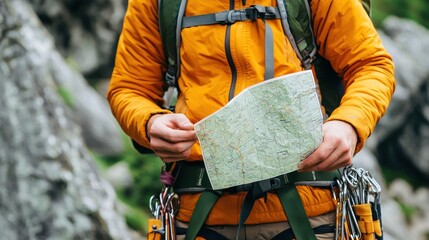 Outdoor Adventure climbing gear concept. A climber in an orange jacket examines a map, surrounded by rocky terrain, preparing for an outdoor adventure.