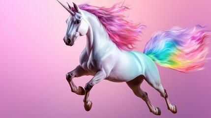 majestic unicorn with colorful rainbow mane and tail leaps gracefully against soft pink background, embodying fantasy and magic