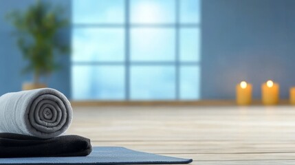 Rolled Up Towel on a Vibrant Yoga Mat in a Tranquil Indoor Setting Inviting Peaceful Mindfulness and Relaxation During a Calming Exercise Routine