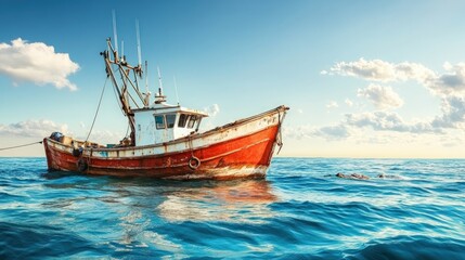 Fototapeta premium Weathered Fishing Boat Bobbing Gently on Calm Blue Ocean Waves