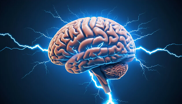 An Intricate and Anatomically Detailed Human Brain with Bright Blue Electrical Arcs Symbolizing Neural Activity and Brain Power