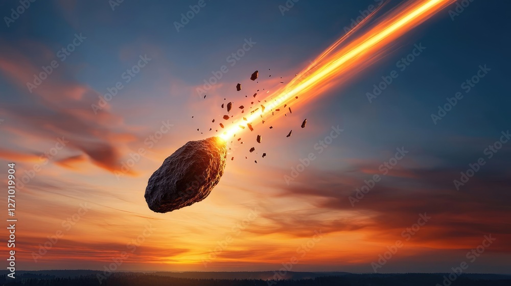 Poster asteroid impact concept. a stunning meteor streaks across the twilight sky, illuminating the horizon