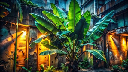Lush banana leaves thrive amidst the cityscape, a photographic study of unexpected nature.