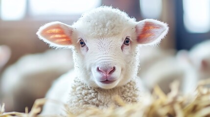 Fototapeta premium An adorable sheep with soft wool and curious expression captured in a cozy barn setting showcasing farm life : Generative AI