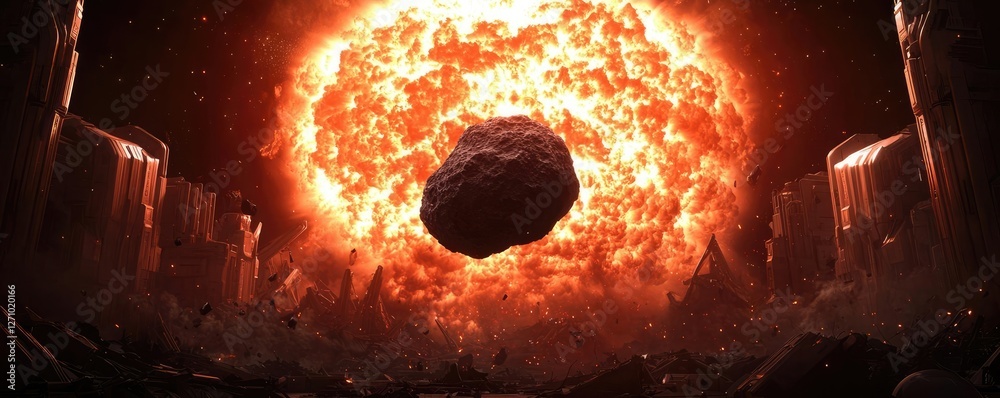 Poster asteroid impact idea. cosmic collision depicts a dramatic scene of a meteor striking the sun's fiery