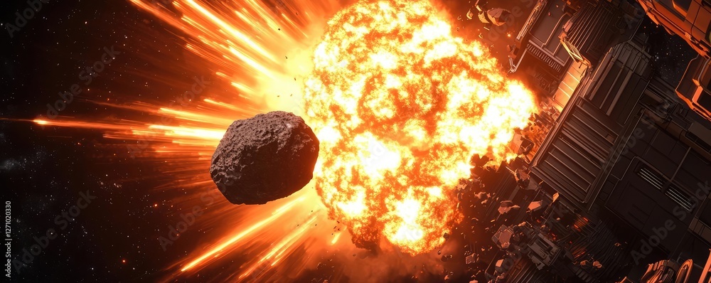 Poster asteroid impact idea. a dramatic depiction of a celestial explosion in outer space with fiery debris