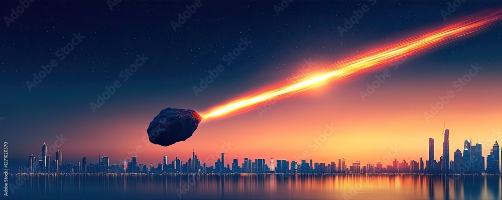 Poster asteroid impact idea. a striking image of a meteor streaking across a vibrant evening skyline.