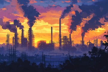 Obraz premium Industrial landscape at sunset with smoke and silhouettes