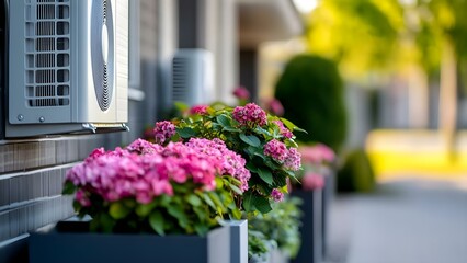 A row of vibrant pink flowers in planters along a walkway, with an air conditioning unit nearby and a blurred background. Concept Vibrant Pink Flowers, Outdoor Walkway, Air Conditioning Unit