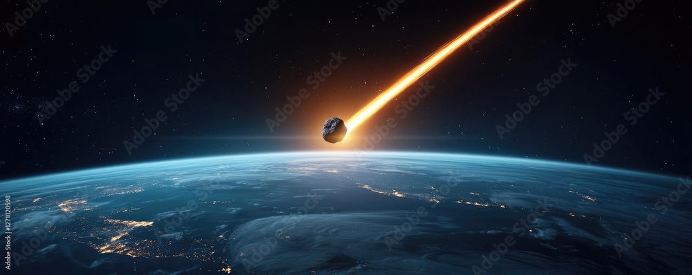 Poster asteroid impact idea. a stunning view of an asteroid entering the earth's atmosphere, creating a fie