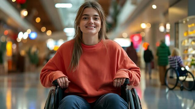 young girl in wheelchair in shopping mall