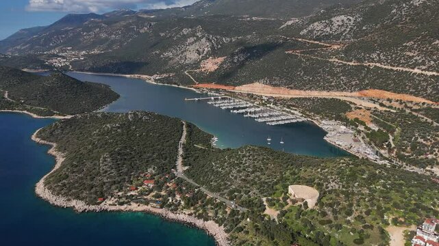 Aerial view of a bay with a marina and yachts. Kas, Turkey