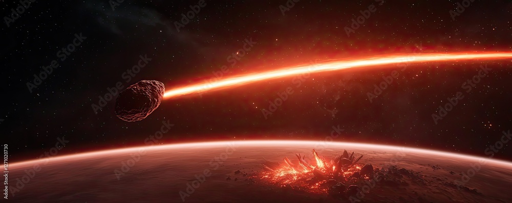 Poster Asteroid impact concept. A comet streaks through space, illuminating a distant planet with a fiery glow.