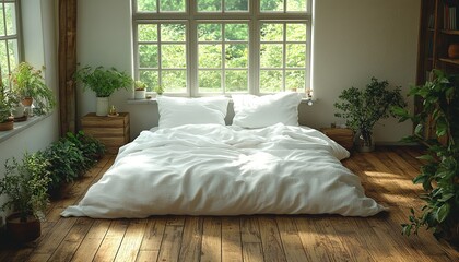 Unmade bed with white linen sheets on a wooden floor in a bedroom, with a messy and cozy feeling.