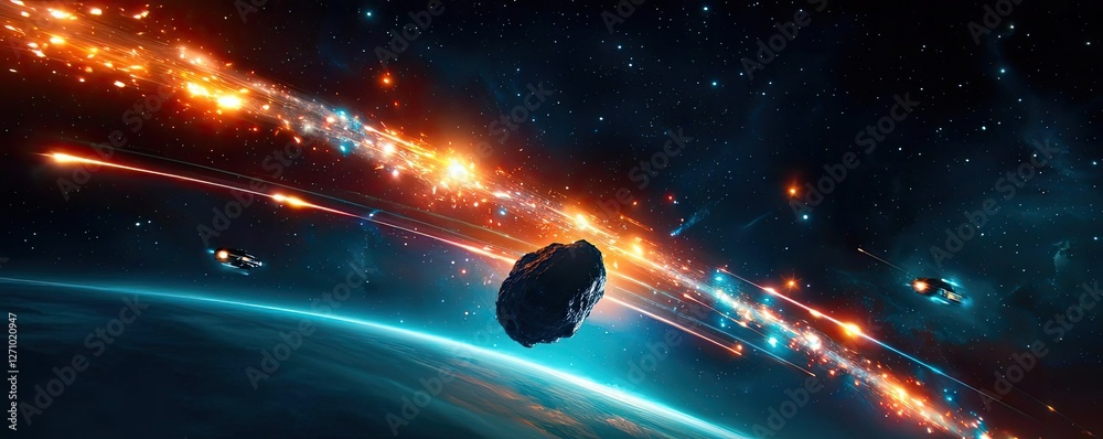Aufkleber asteroid impact idea. a cosmic scene showcasing an asteroid surrounded by vibrant space phenomena.