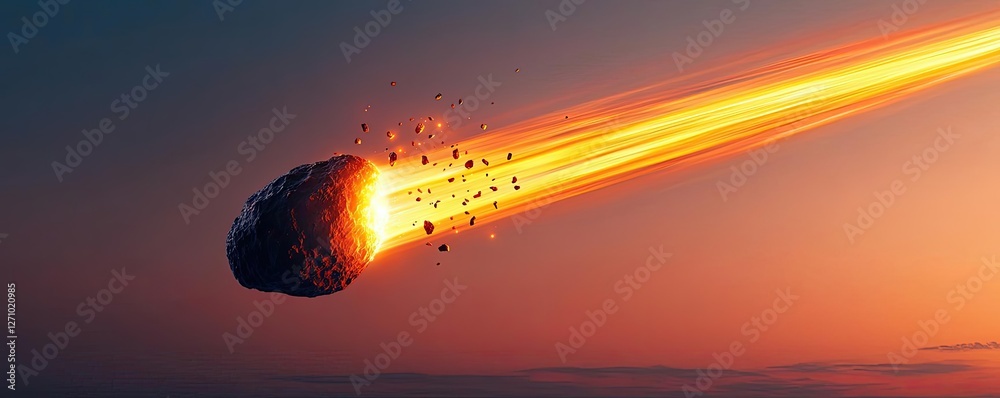 Poster asteroid impact concept. a meteor streaks across the twilight sky, leaving a fiery trail of light an