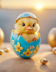 funny fluffy chicken hatched from Easter egg, Easter photo for postcard design