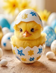 funny fluffy chicken hatched from Easter egg, Easter photo for postcard design