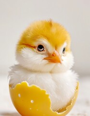 funny fluffy chicken hatched from Easter egg, Easter photo for postcard design