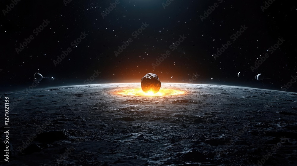 Poster asteroid impact idea. a captivating view of a celestial body illuminated by a distant star in the co