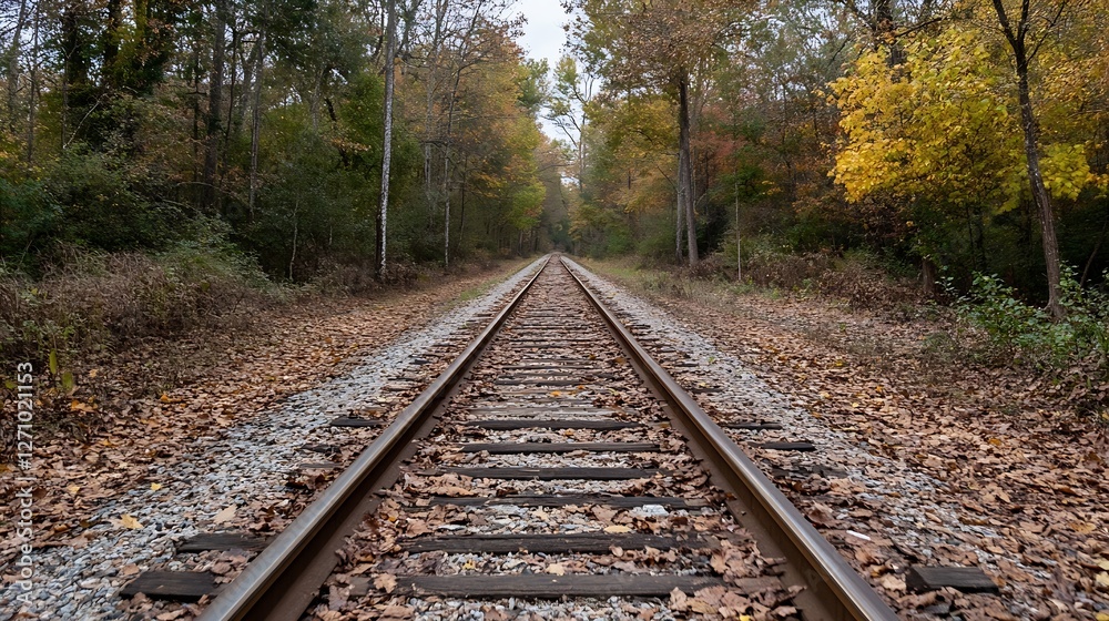 Poster peaceful rural railway tracks surrounded by vibrant autumn foliage in a tranquil forest setting : ge