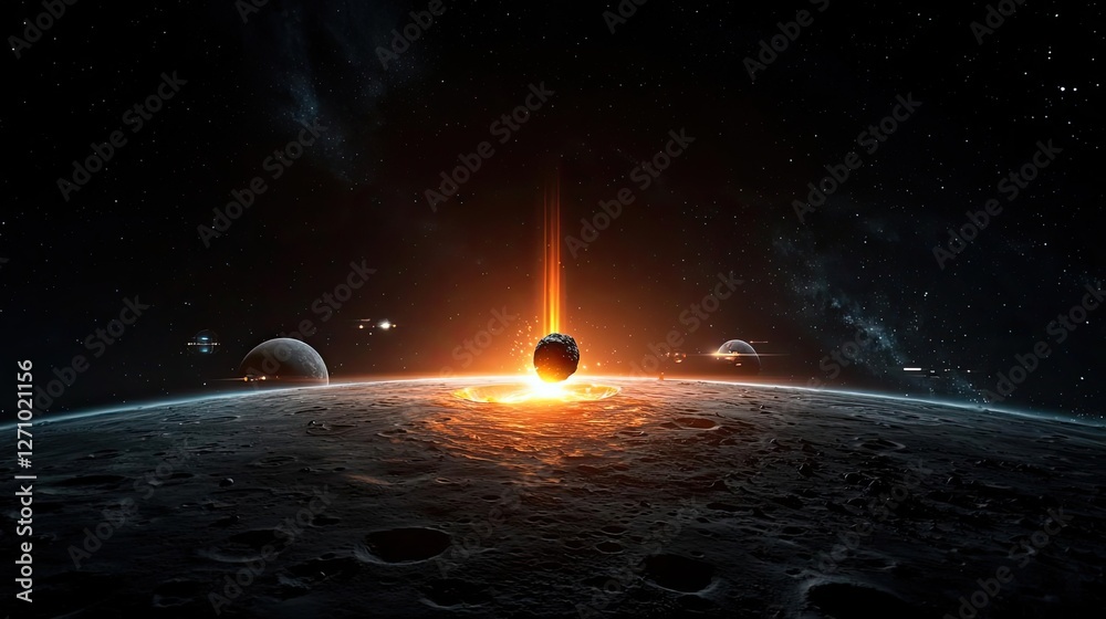 Aufkleber asteroid impact idea. spectacular view of a celestial event with planets and a glowing sun on the ho