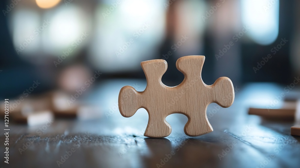 Poster Closeup of a wooden puzzle piece resting on a table symbolizing strategy and problemsolving : Generative AI