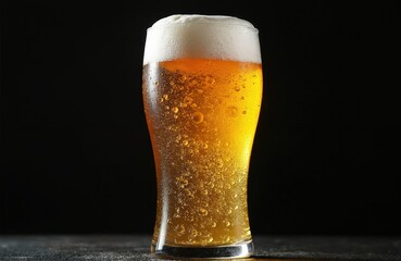 Fresh beer in glass on black background. Cold lager drink with foam served in pub. Refreshment beverage with froth bubbles in mug for party celebration.