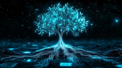 Digital Nature with Glowing Cyber Plant, Circuit Roots, and Neon Blue Elements, Creating a Futuristic Ecosystem and Tech-Organic Fusion


