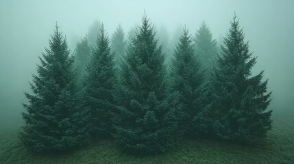 Fototapeta premium Majestic evergreen trees emanating serenity amidst a dense foggy landscape