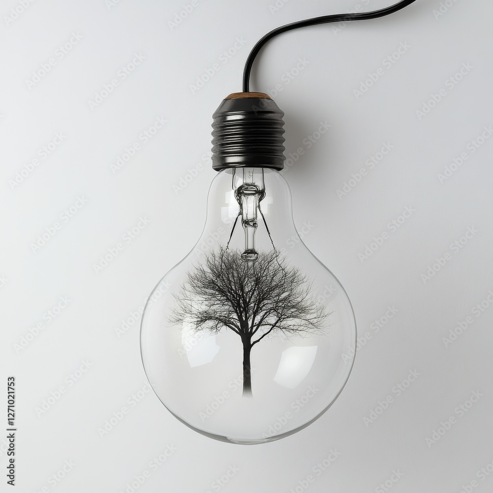 Poster Tree of Knowledge: Bare Tree Silhouette Enclosed Inside a Classic Light Bulb Design on a Clean White Background.