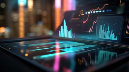 Business analytics dashboard futuristic city digital interface high-tech environment close-up view data visualization insights