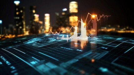 Data visualization insights urban cityscape digital graphics nighttime environment aerial view financial trends