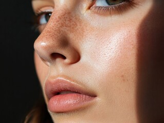 Naklejka premium Close-up portrait of a woman with freckles and glow
