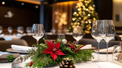 Fototapeta premium Festive holiday table decoration with glasses and beautiful greenery for a cozy gathering : Generative AI