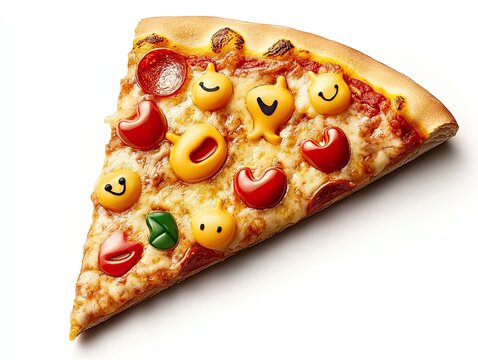 Quirky Pizza Slice with Emoji-like Toppings on a White Background