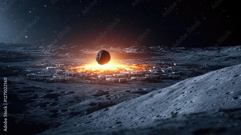 Poster Asteroid impact idea. A striking view of a celestial event, showcasing planetary collision in deep space.