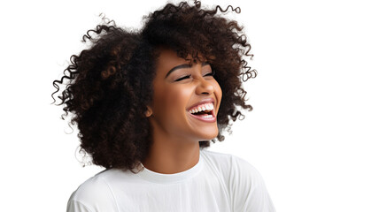Portrait of a beautiful young African American woman laughing on transparent background PNG.